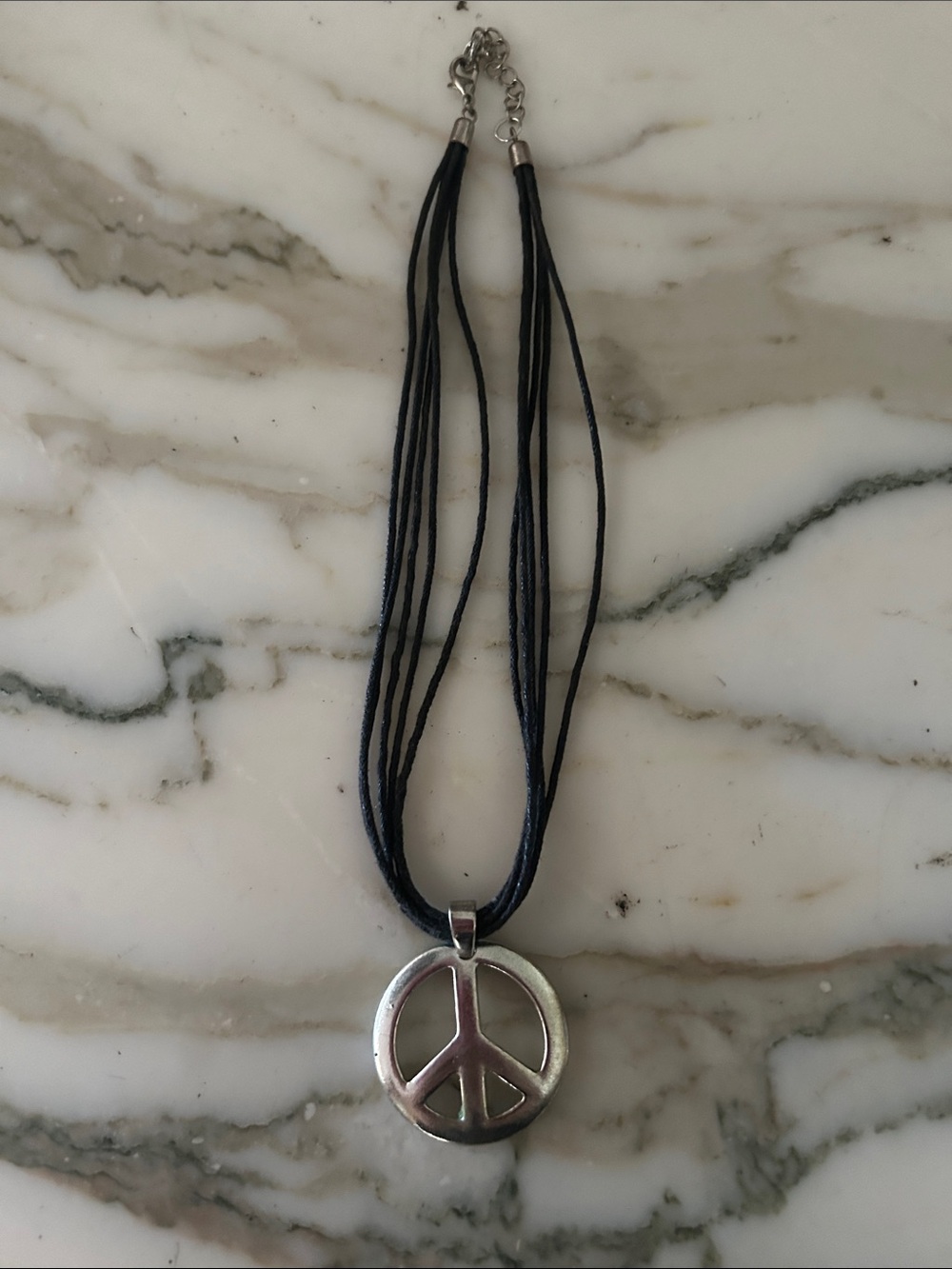 Silver Peace Sign Pendant Necklace with Black Multi-Strand Cord